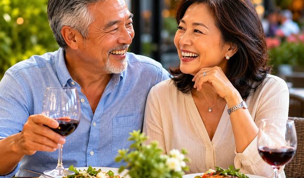 Couple enjoying a meal with confident smiles