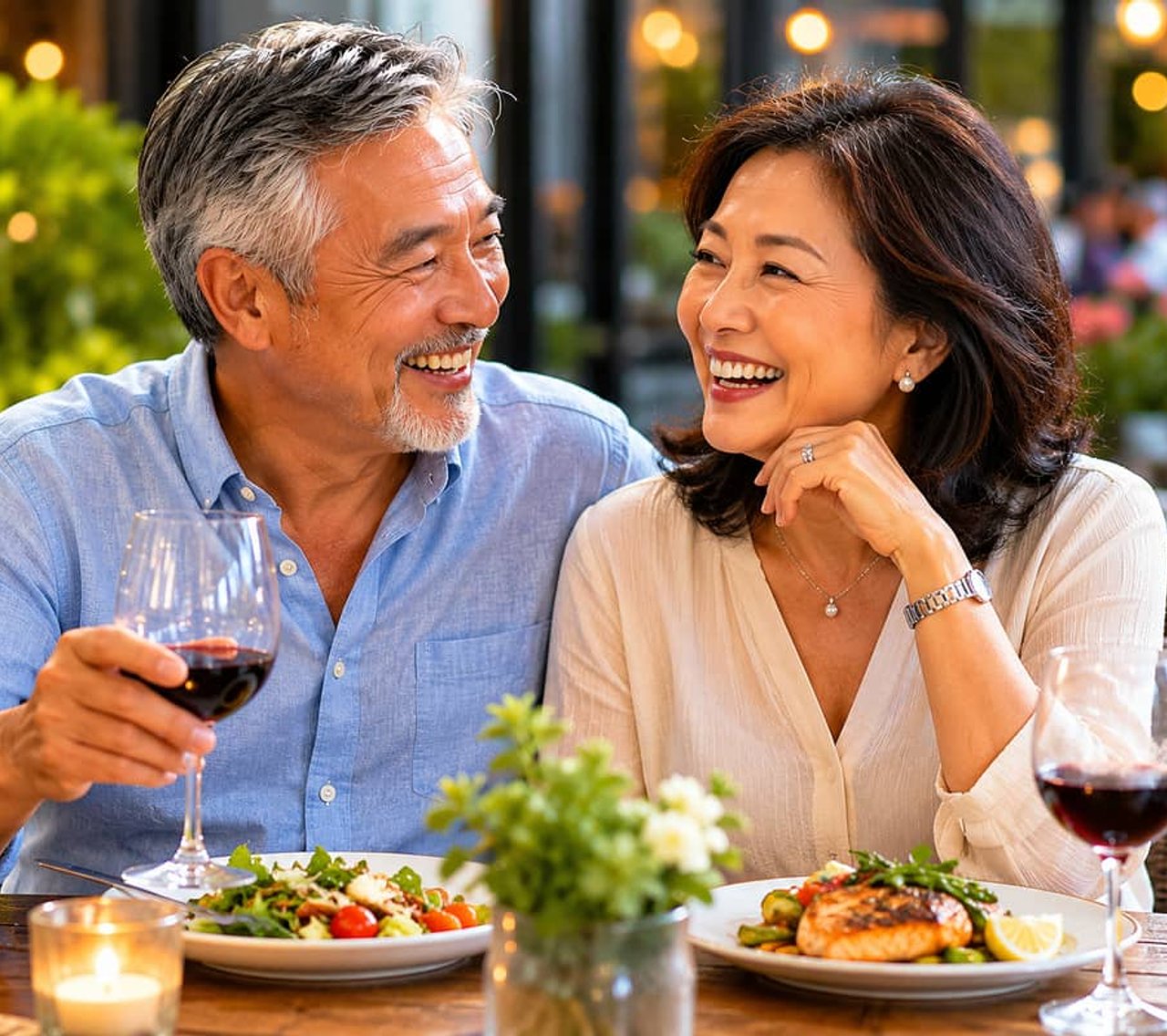 Couple enjoying a meal with confident smiles