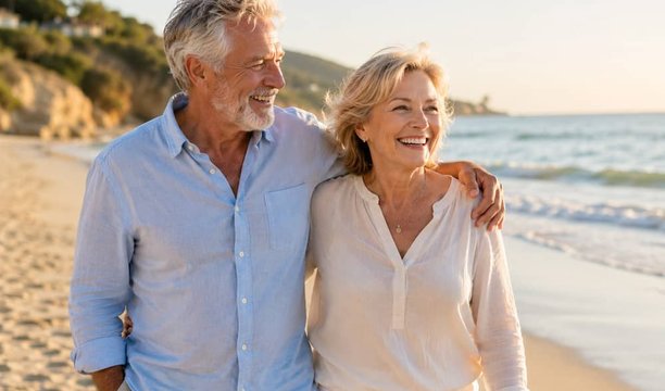 Couple walking on the beach smiling